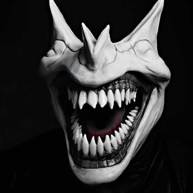 Close up portrait of a scary vampire with white teeth on black background