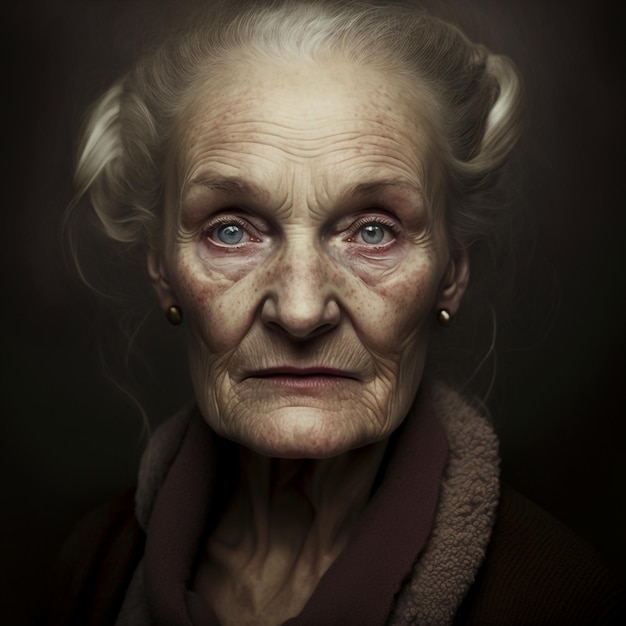 Close up portrait senior old woman posing isolated looking camera contemplating