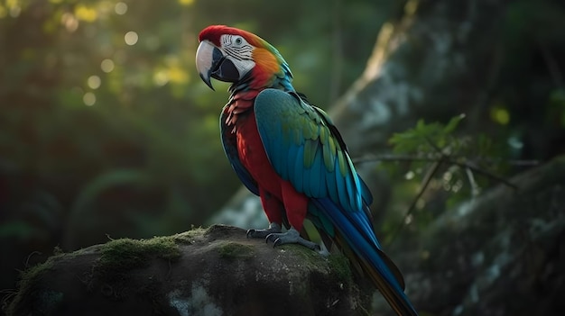 Close up portrait shot Blue Red Scarlet Macaw parrot bird nature blur bokeh nature background