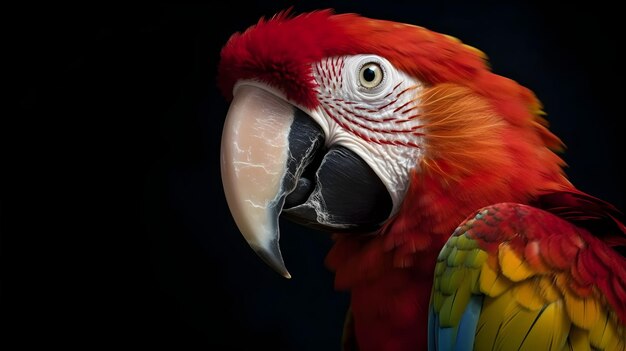 Close up portrait shot Red Scarlet Macaw bird isolated on black