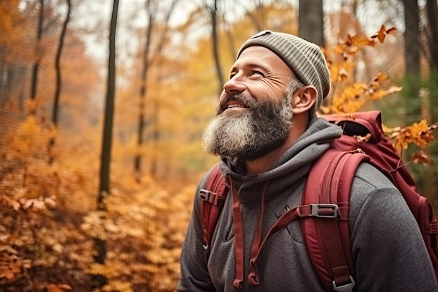 Close up portrait of a smiling middle aged hiker is enjoying the forest air