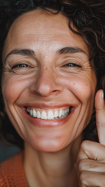 Close up portrait of a smiling woman with white teeth and brown hair