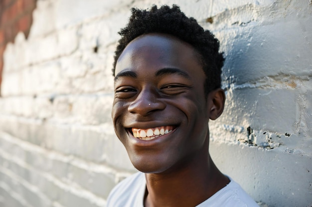 Close up portrait of a smiling young african american man against brick wall