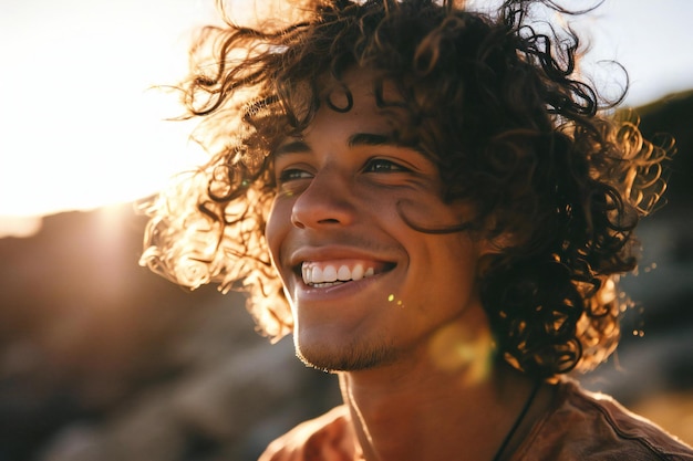 Close up portrait of a smiling young man with curly hair at the beach