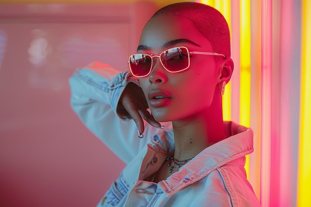 Photo close up portrait of stylish african american woman in neon lighting