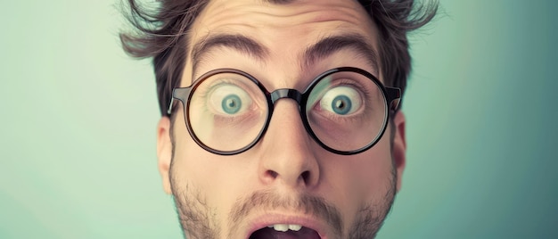 Close Up Portrait of a Surprised Man Wearing Glasses Against a Teal Background