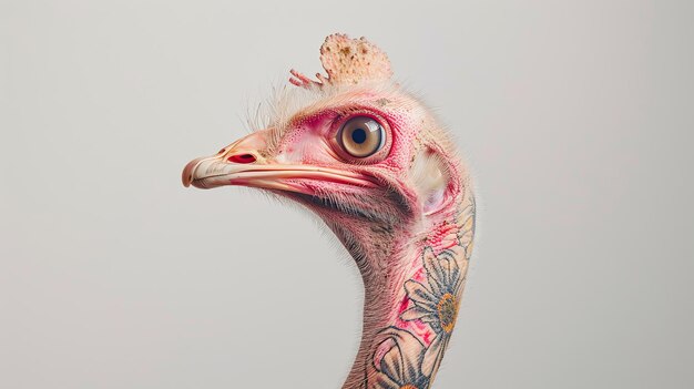 Close up portrait of a tattooed ostrich