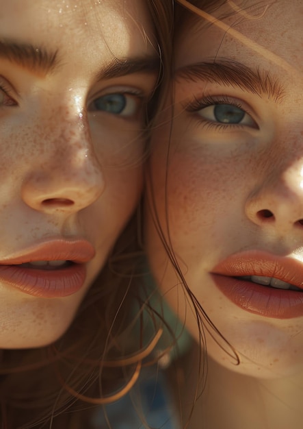 A close up portrait of two beautiful models in summer light