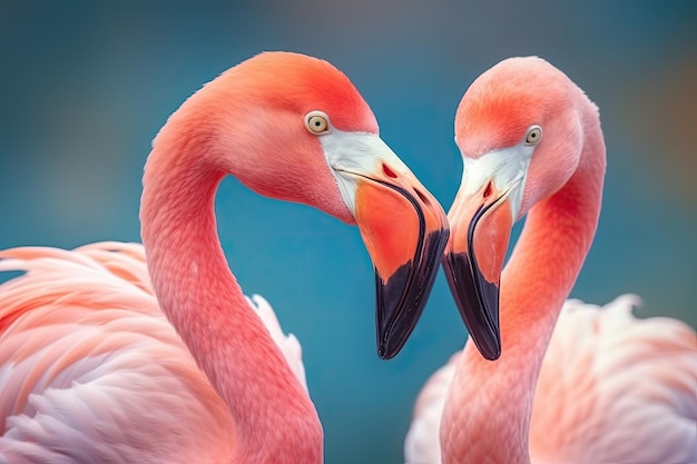 Close up portrait of two flamingo bird on pastel colored background Generative AI