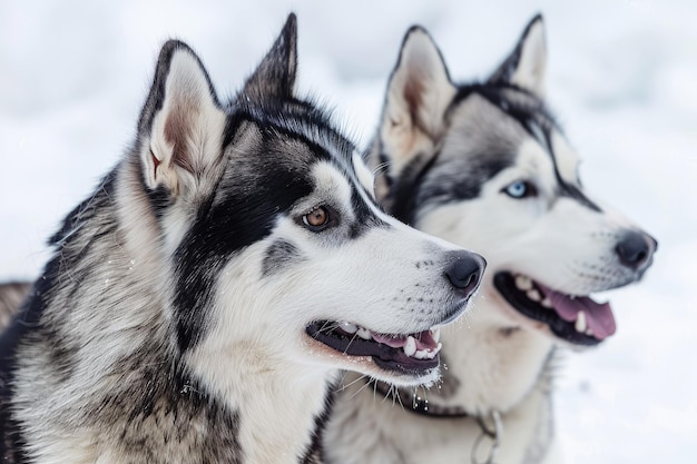 Close up portrait of two Siberian Huskies