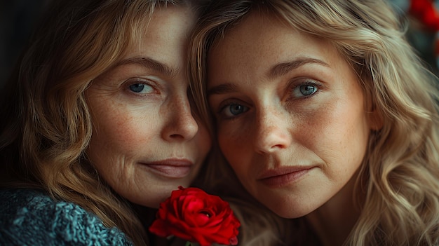 Close up portrait of two women with a red rose One woman is older and the other is younger but both have similar features and warm smiles