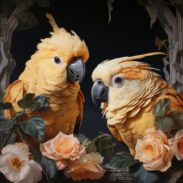 Close up portrait of two yellow parrots jungle bac Ai generated art