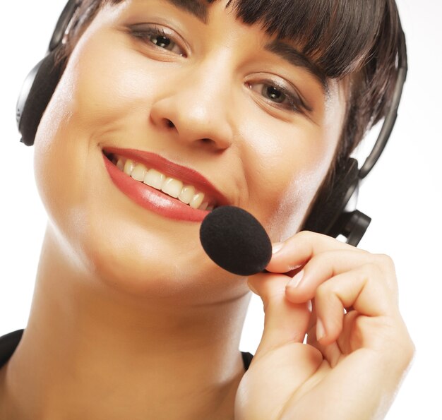 Close up portrait of woman customer service worker