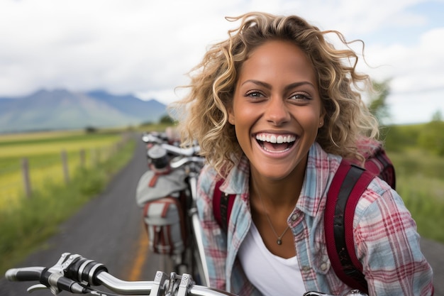 Close up portrait of woman riding bicycle on rural lane making eye contact with camera