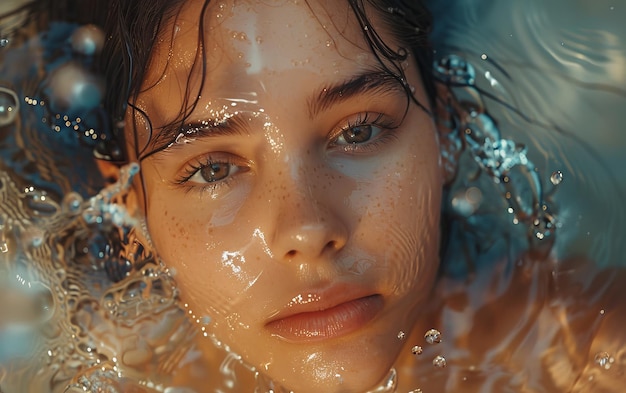 Close Up Portrait of Woman Submerged in Water With Droplets on Her Face