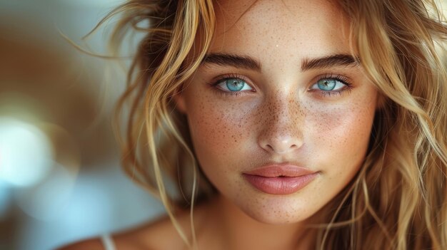 Close Up Portrait Of A Woman With Blonde Hair And Blue Eyes