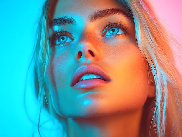 Photo close up portrait of woman with blue eyes and blonde hair in neon lights