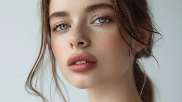 A close up portrait of a woman with blue eyes and freckles looking directly at the camera