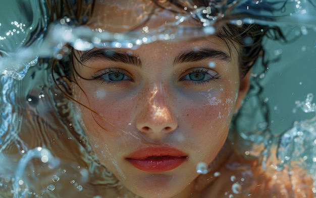 Close Up Portrait of a Woman With Blue Eyes Under Water