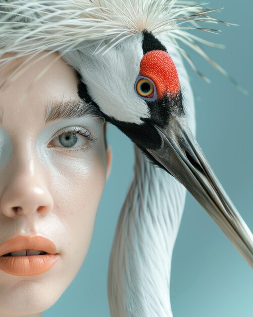 A close up portrait of a woman with a crane s head next to her showcasing a unique blend of human and bird features against a soft blue background