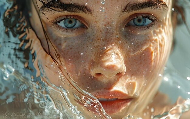 Close Up Portrait Of Woman With Freckles In Water