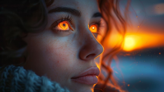 Close Up Portrait of Woman With Orange Eyes at Sunset