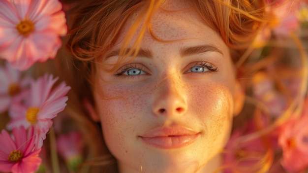 Close Up Portrait of a Woman With Red Hair Surrounded by Pink Flowers in a Field