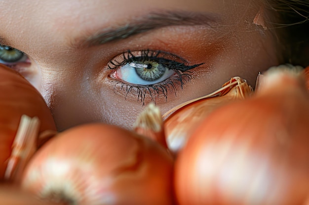 Close up Portrait of a Womans Blue Eyes Peering Through a Bunch of Fresh Tomatoes