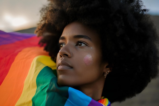 Close up portrait of a young african american woman with rainbow flag