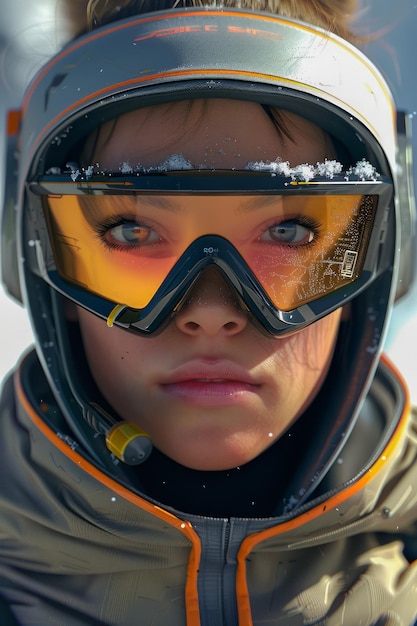 Close up Portrait of a Young Child Wearing Snow Goggles and Helmet on a Winter Day