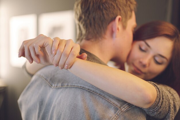 Close up portrait young couple moments together