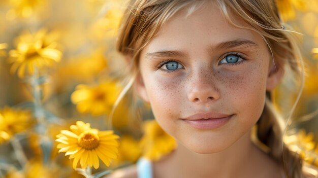 Close Up Portrait of a Young Girl With Blue Eyes in a Field of Yellow Flowers