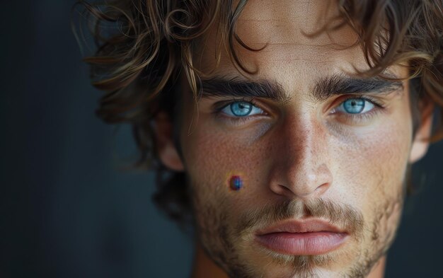 A Close Up Portrait of a Young Man With Blue Eyes and a Mark on His Cheek