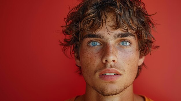 Close Up Portrait of Young Man With Curly Brown Hair and Blue Eyes Against Red Background