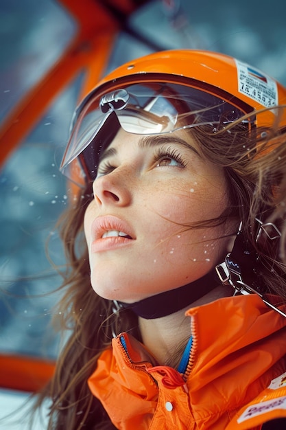 Close up Portrait of a Young Woman in Orange Ski Gear with Snowflakes and Goggles Winter Sports