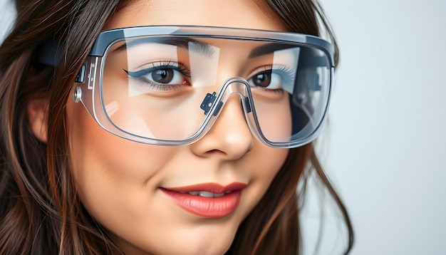 Photo close up portrait of young woman wearing protective goggles isolated with white highlights