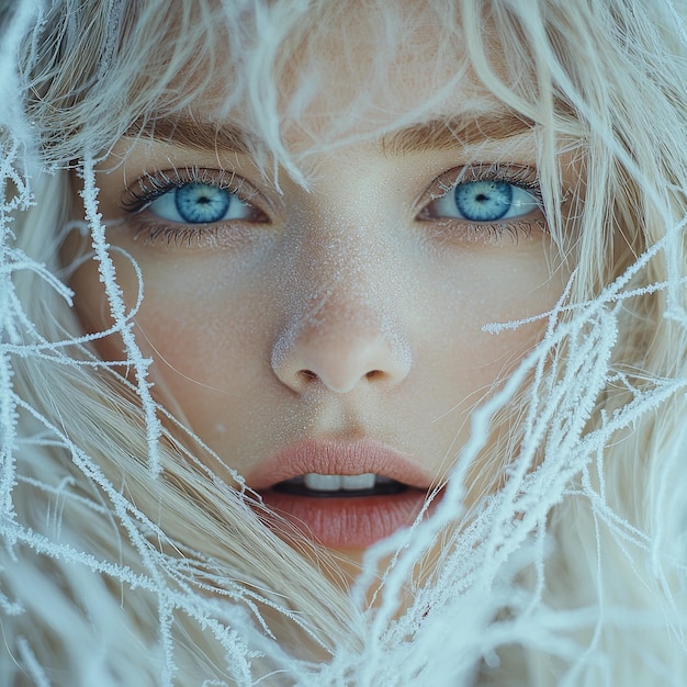 Close Up Portrait of a Young Woman with Blue Eyes and Blonde Hair Covered in Frost