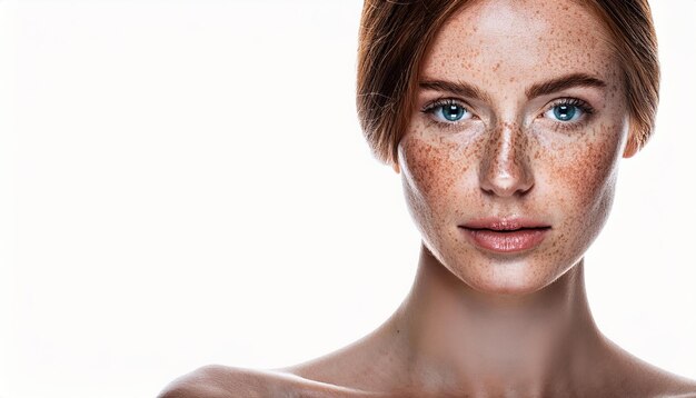 Photo close up portrait of a young woman with freckles and blue eyes