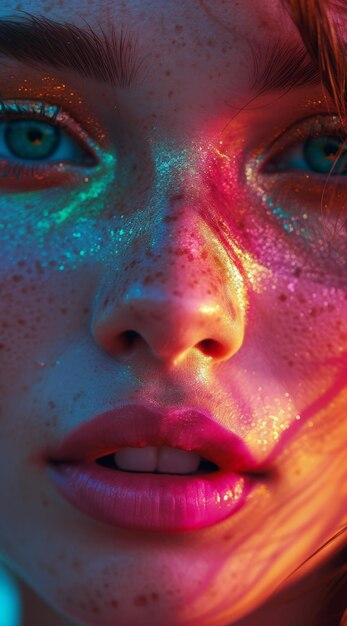 Close up portrait of a young woman with freckles and colorful eyes in natural light studio setting