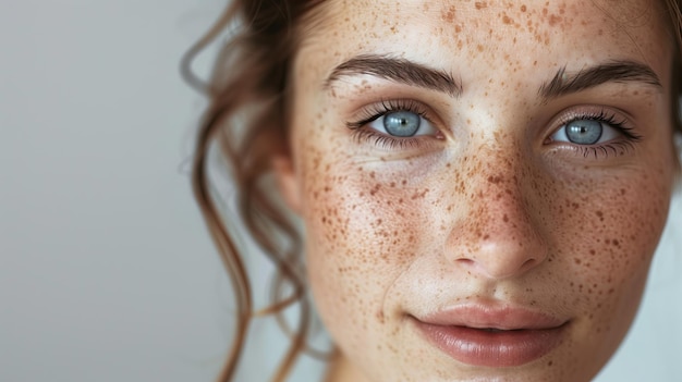 Close up portrait of young woman with freckles on her face