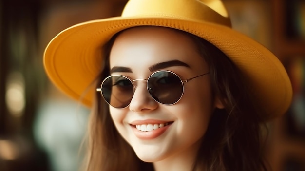 Close up portrait of a young woman with a peach hat on her head Portrait of beauty Summer woman