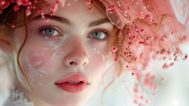 Close Up Portrait of Young Woman With Pink Flowers in Hair