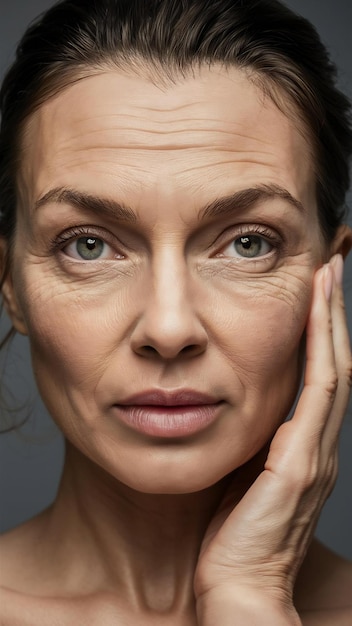 Close up portrait of young womans eyes and face with wrinkles female model with well kept skin