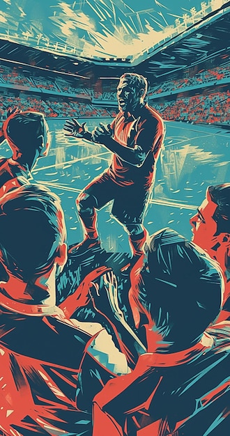 A close up of a poster of a soccer game with a crowd of people