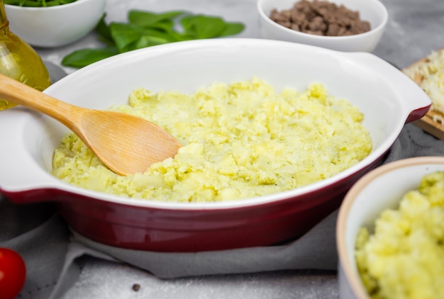 close up of potato casserole cooking process