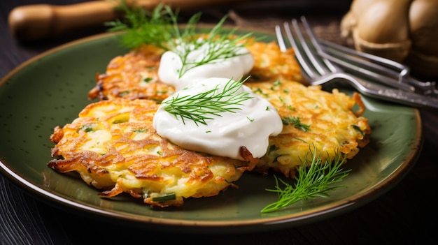 Close up of potato latkes with herbs and sour cream