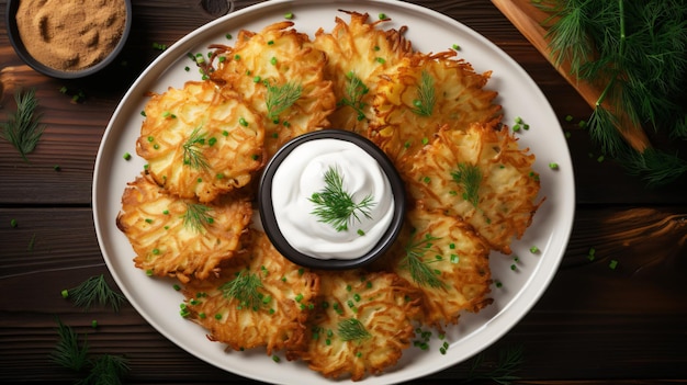 Close up of potato latkes with herbs and sour cream