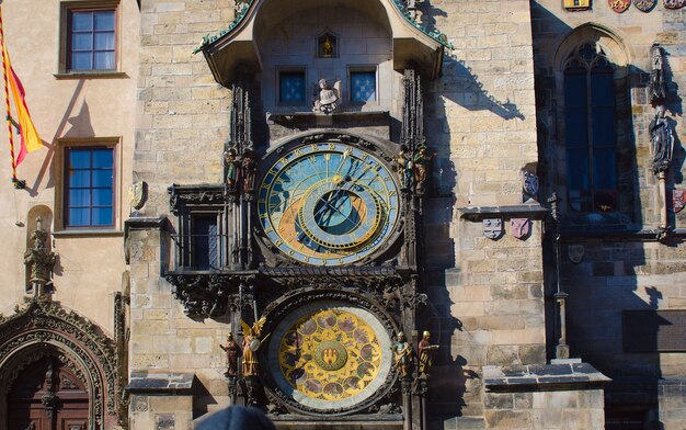 Close up of Prague ancient famous astronomical clock, called orloj, with zodiac signs in the center of medieval Czech capital