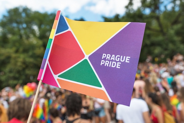 Close up on the Prague Gay Pride parade flag