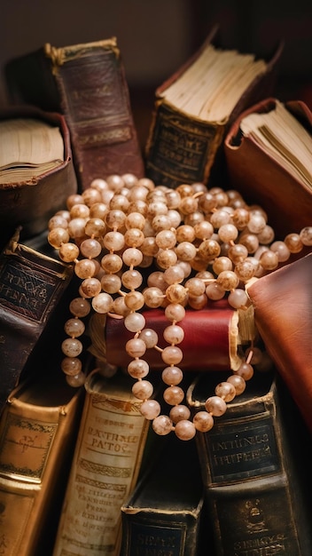 Close up prayer beads on pile of books